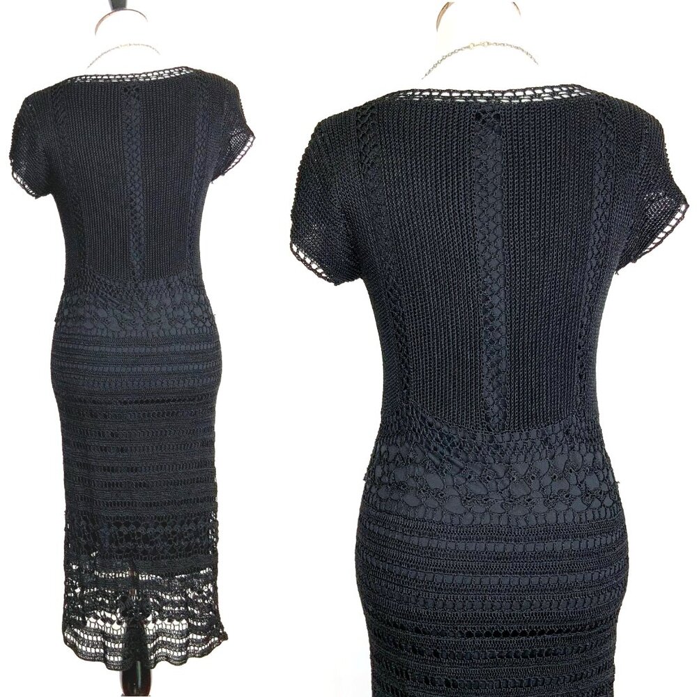 Vintage 90’s Kroshetta By Papillon Black Crochet Midi Dress Size S - Picture 6 of 16
